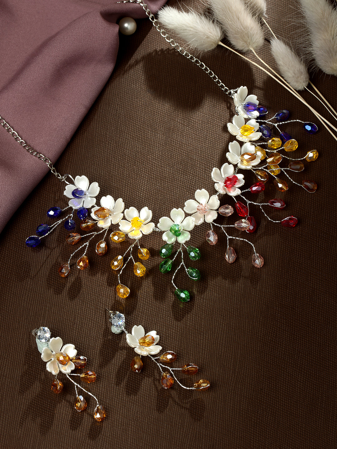 Silver-Plated Multicolor Pearl Dangle Earrings With Necklace Set