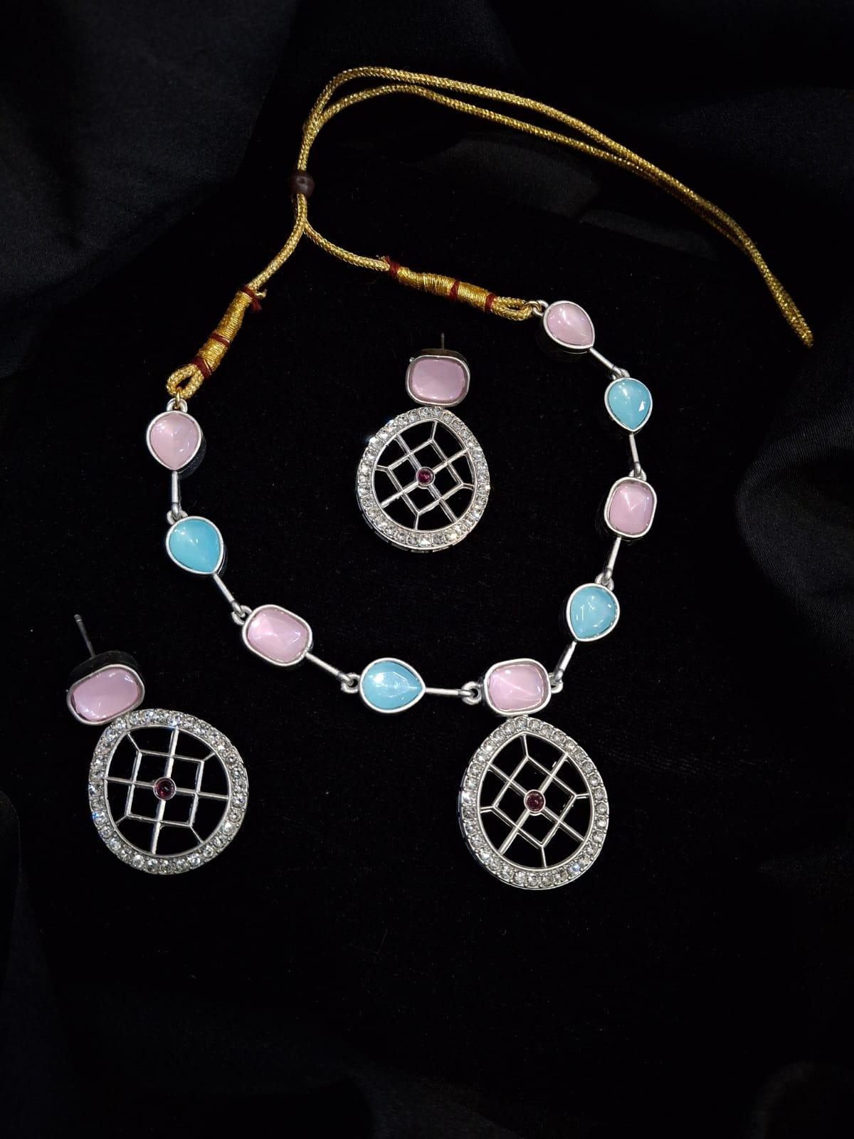 Rajwadi Style Matte Silver Plated Baby Pink And Blue Stone Studded Jewellery Set - ASMITTA Jewellery