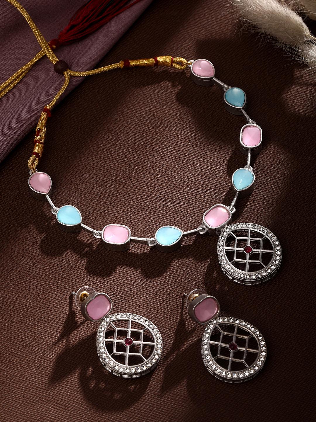 Rajwadi Style Matte Silver Plated Baby Pink And Blue Stone Studded Jewellery Set - ASMITTA Jewellery