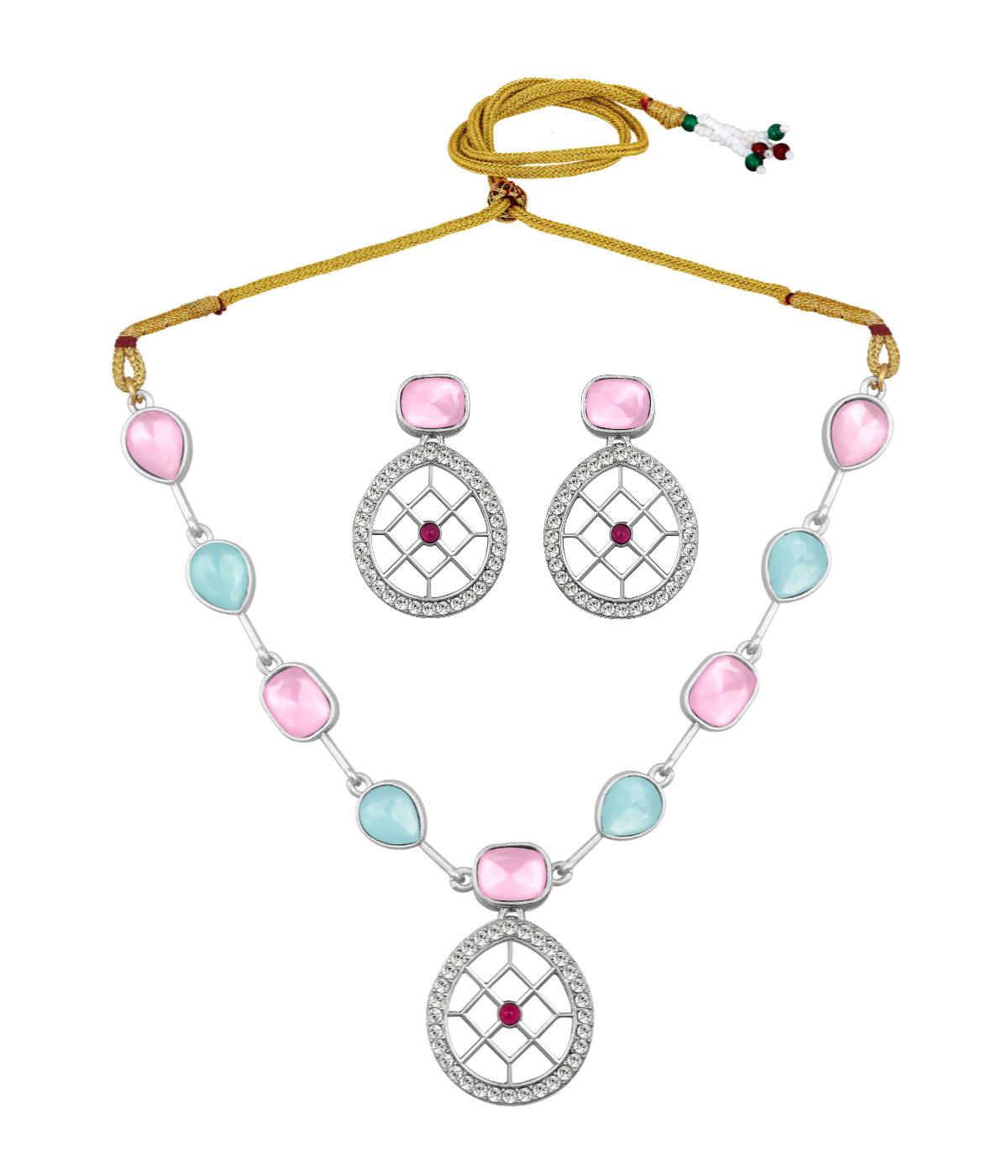 Rajwadi Style Matte Silver Plated Baby Pink And Blue Stone Studded Jewellery Set - ASMITTA Jewellery