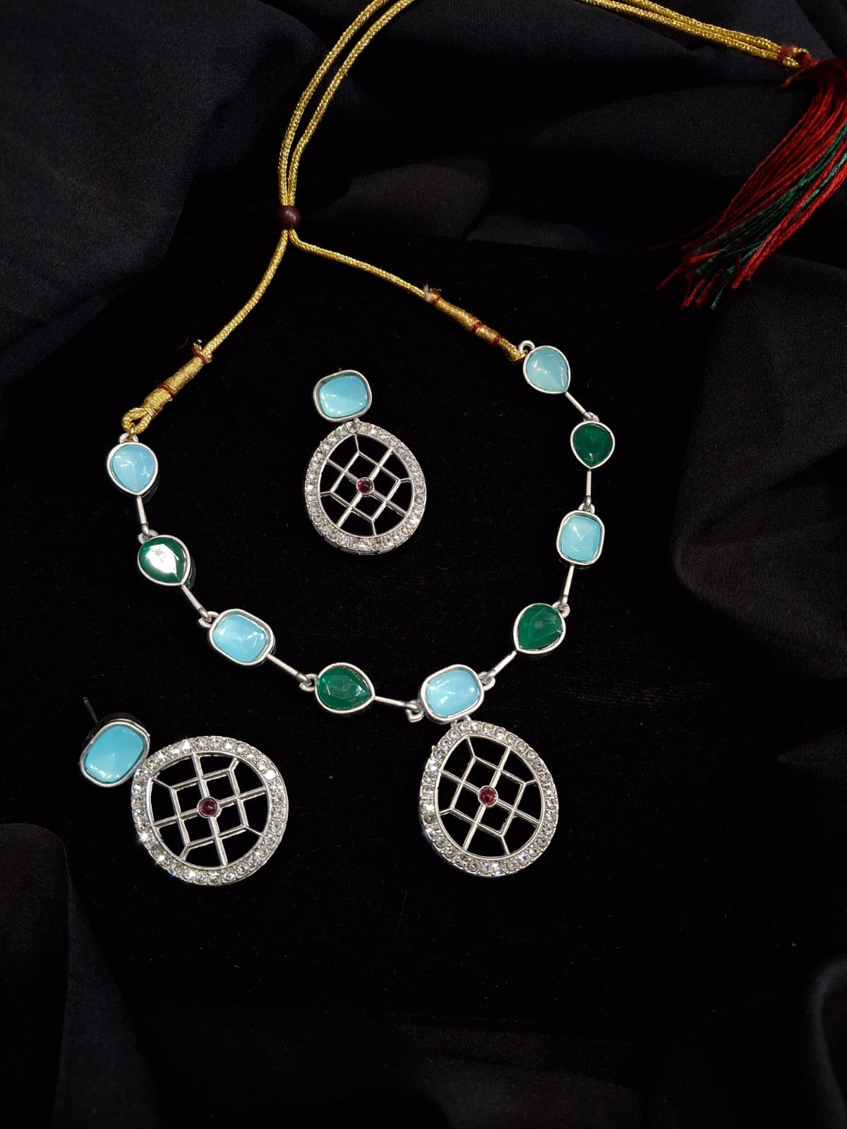 Rajwadi Silver Plated Green And Blue Stone Studded Jewellery Set