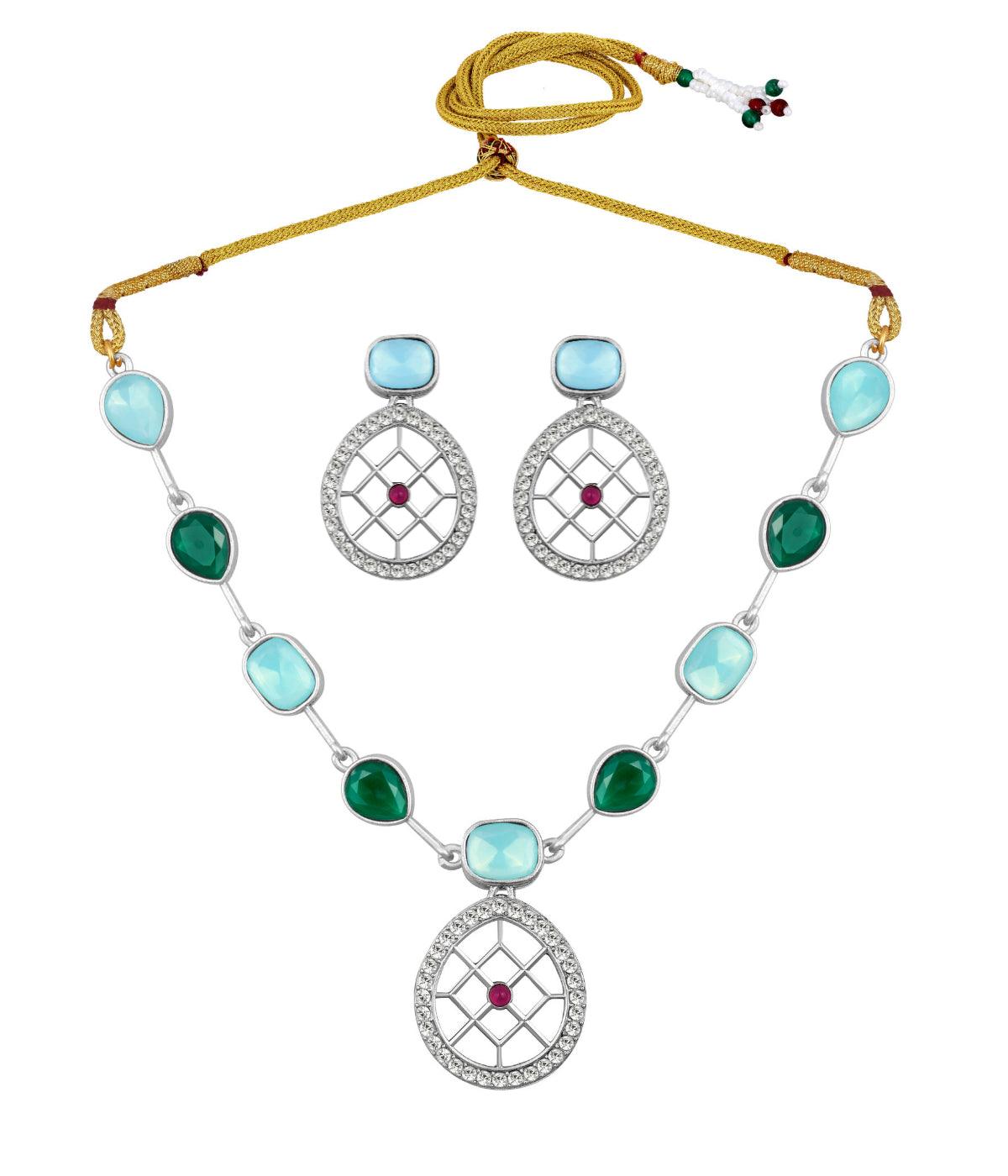 Rajwadi Silver Plated Green And Blue Stone Studded Jewellery Set - ASMITTA Jewellery
