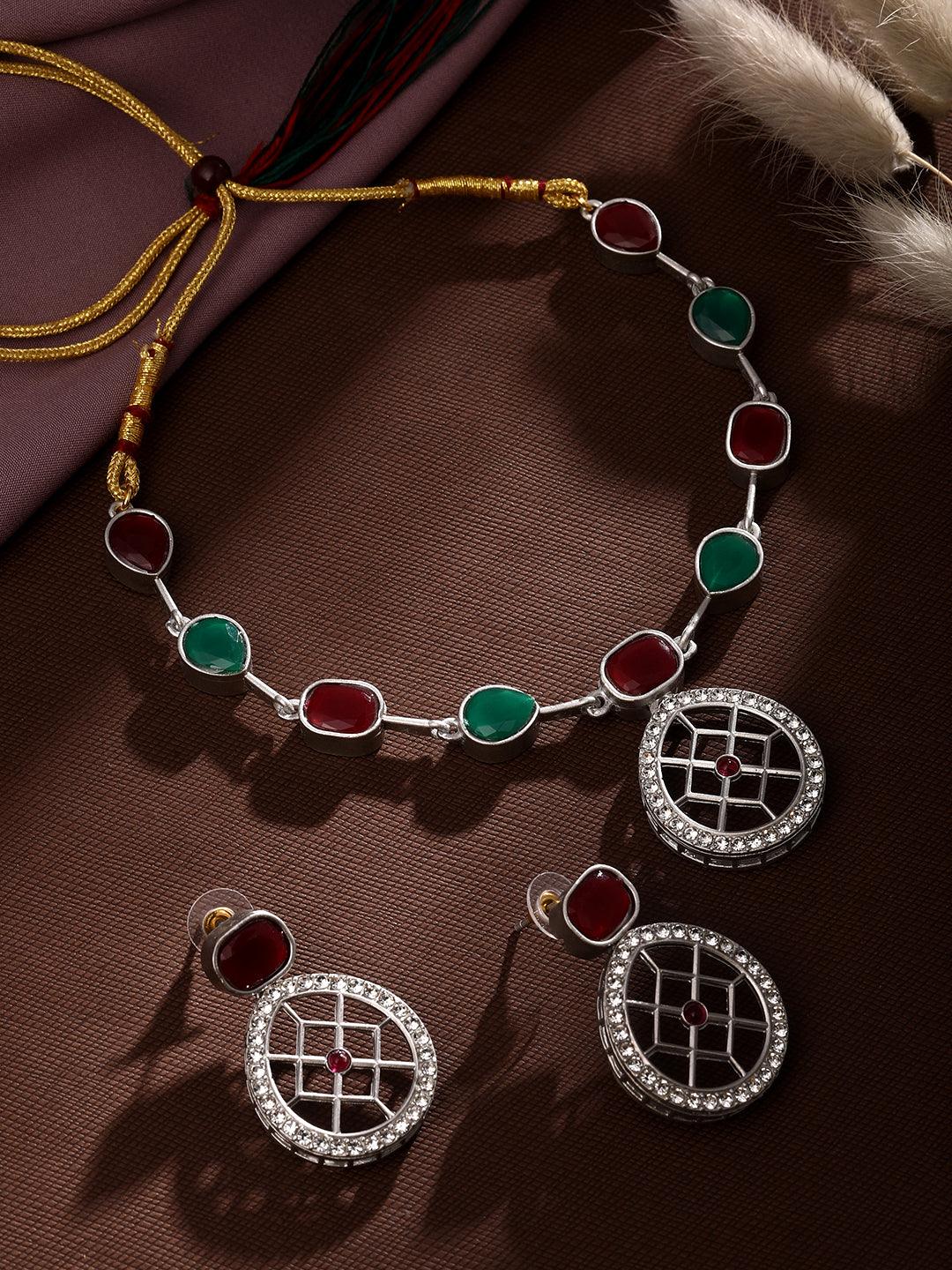 Rajwadi Style Matte Silver Plated Red And Green Stone Studded Jewellery Set - ASMITTA Jewellery