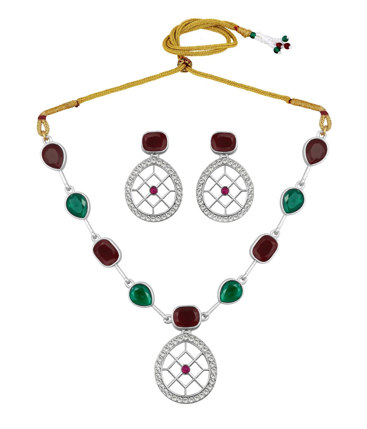 Rajwadi Style Matte Silver Plated Red And Green Stone Studded Jewellery Set - ASMITTA Jewellery