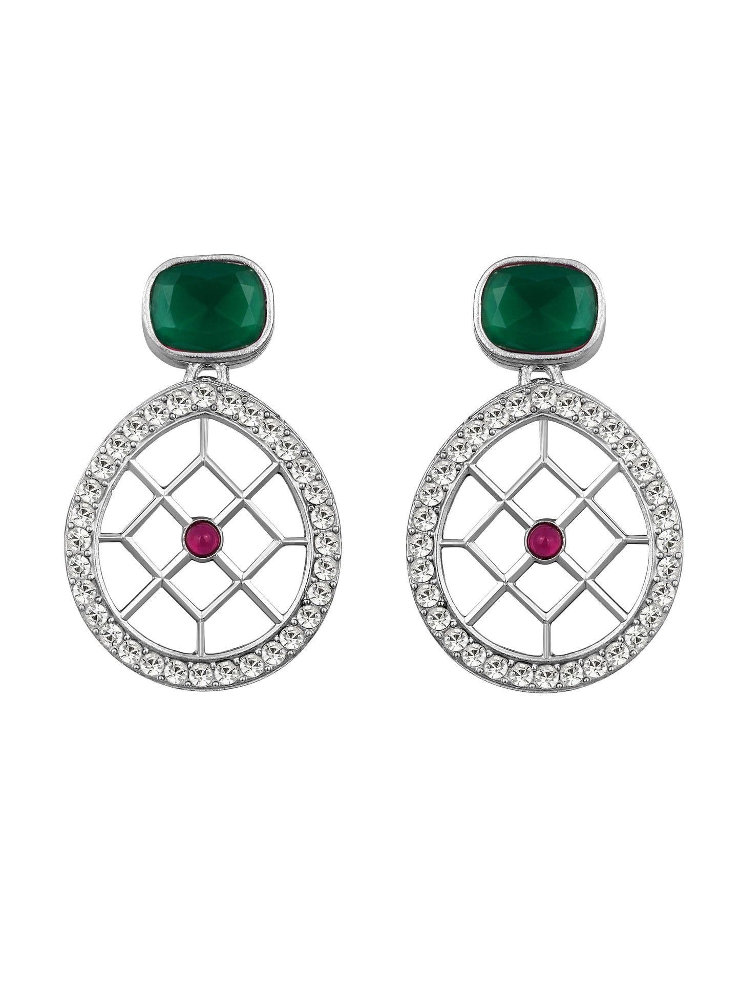 Rajwadi Style Silver Plated Maroon And Green Stone Studded Jewellery Set - ASMITTA Jewellery