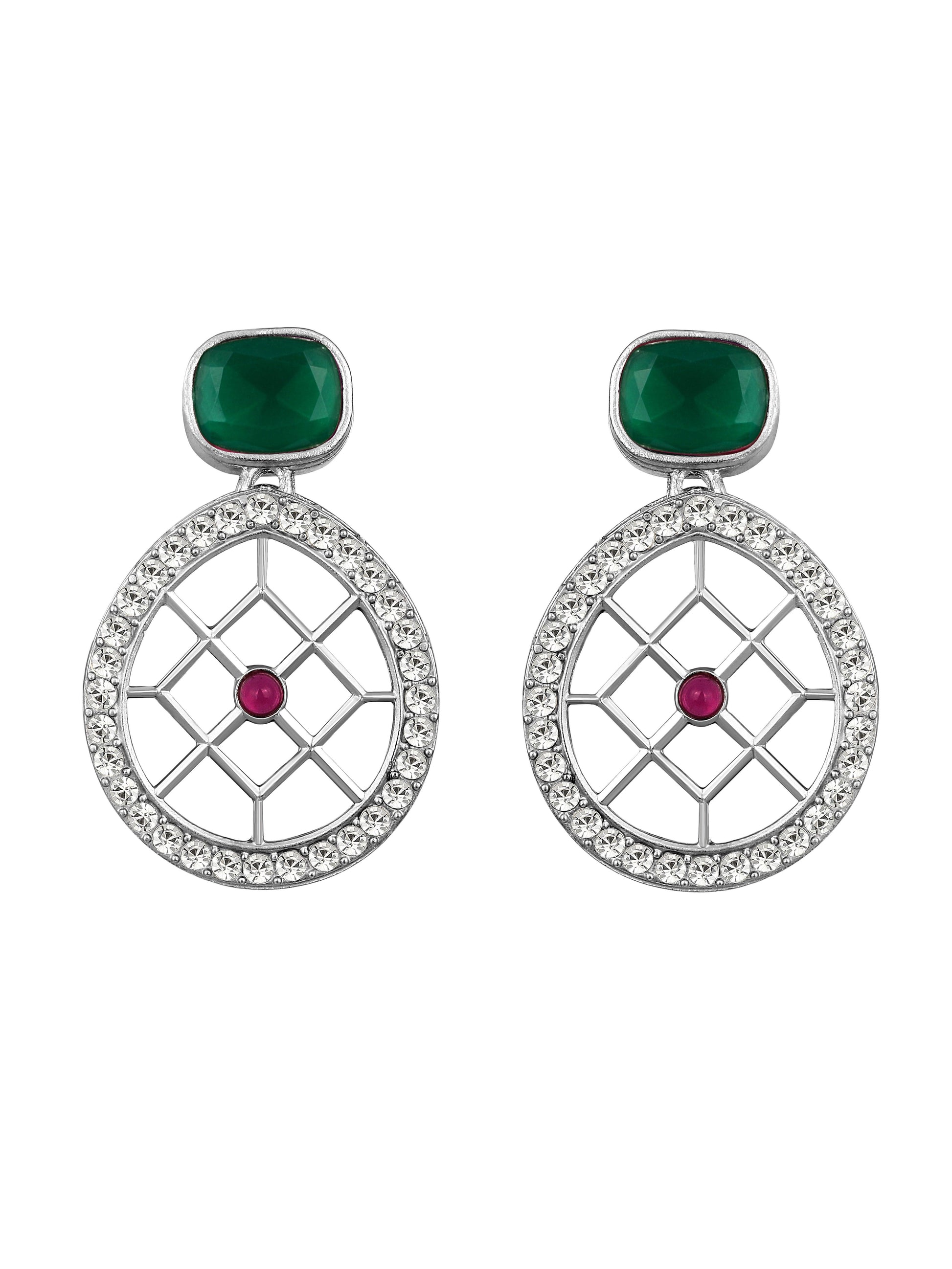 Rajwadi Style Silver Plated Maroon And Green Stone Studded Jewellery Set - ASMITTA Jewellery