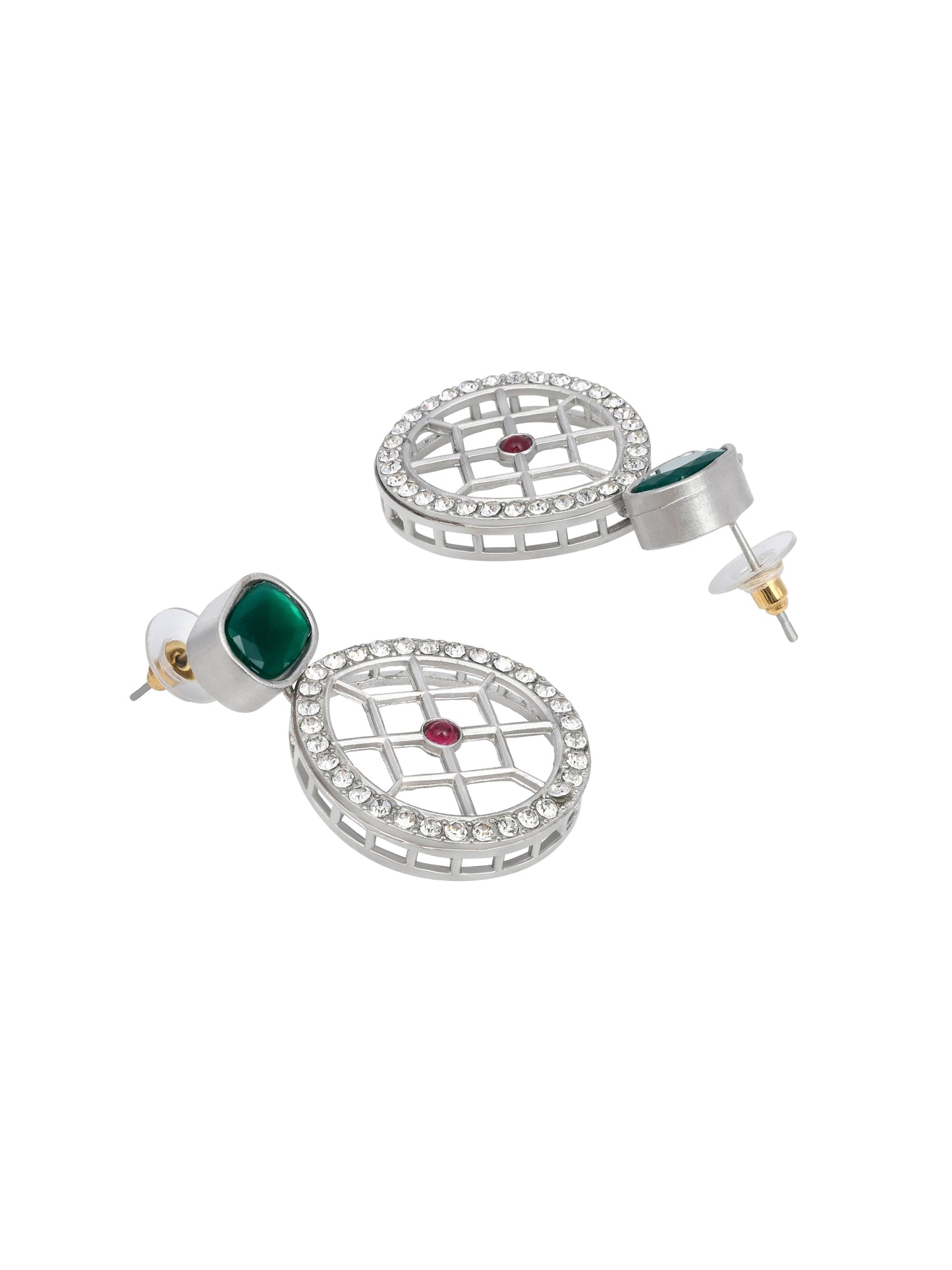 Rajwadi Style Silver Plated Maroon And Green Stone Studded Jewellery Set - ASMITTA Jewellery