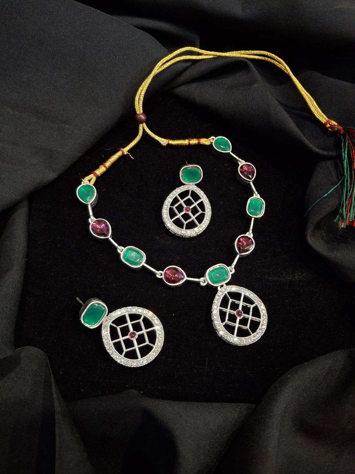 Rajwadi Style Silver Plated Maroon And Green Stone Studded Jewellery Set - ASMITTA Jewellery