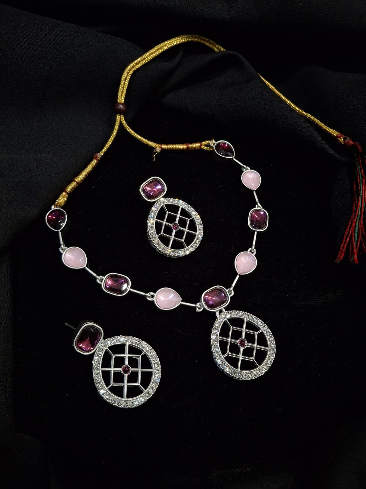 Rajwadi Style Matte Silver Plated Baby Pink And Purple Stone Studded Jewellery Set - ASMITTA Jewellery