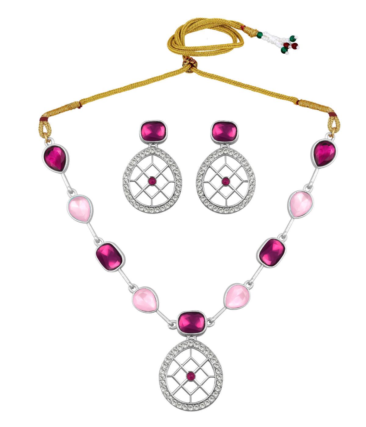 Rajwadi Style Matte Silver Plated Baby Pink And Purple Stone Studded Jewellery Set - ASMITTA Jewellery
