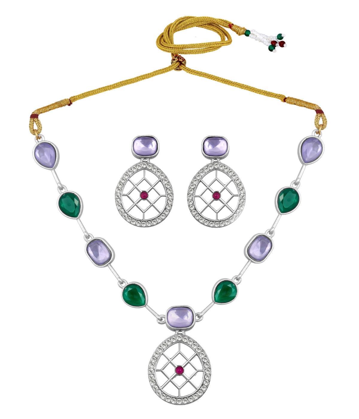 Rajwadi Style Matte Silver Plated Purple And Green Stone Studded Jewellery Set - ASMITTA Jewellery