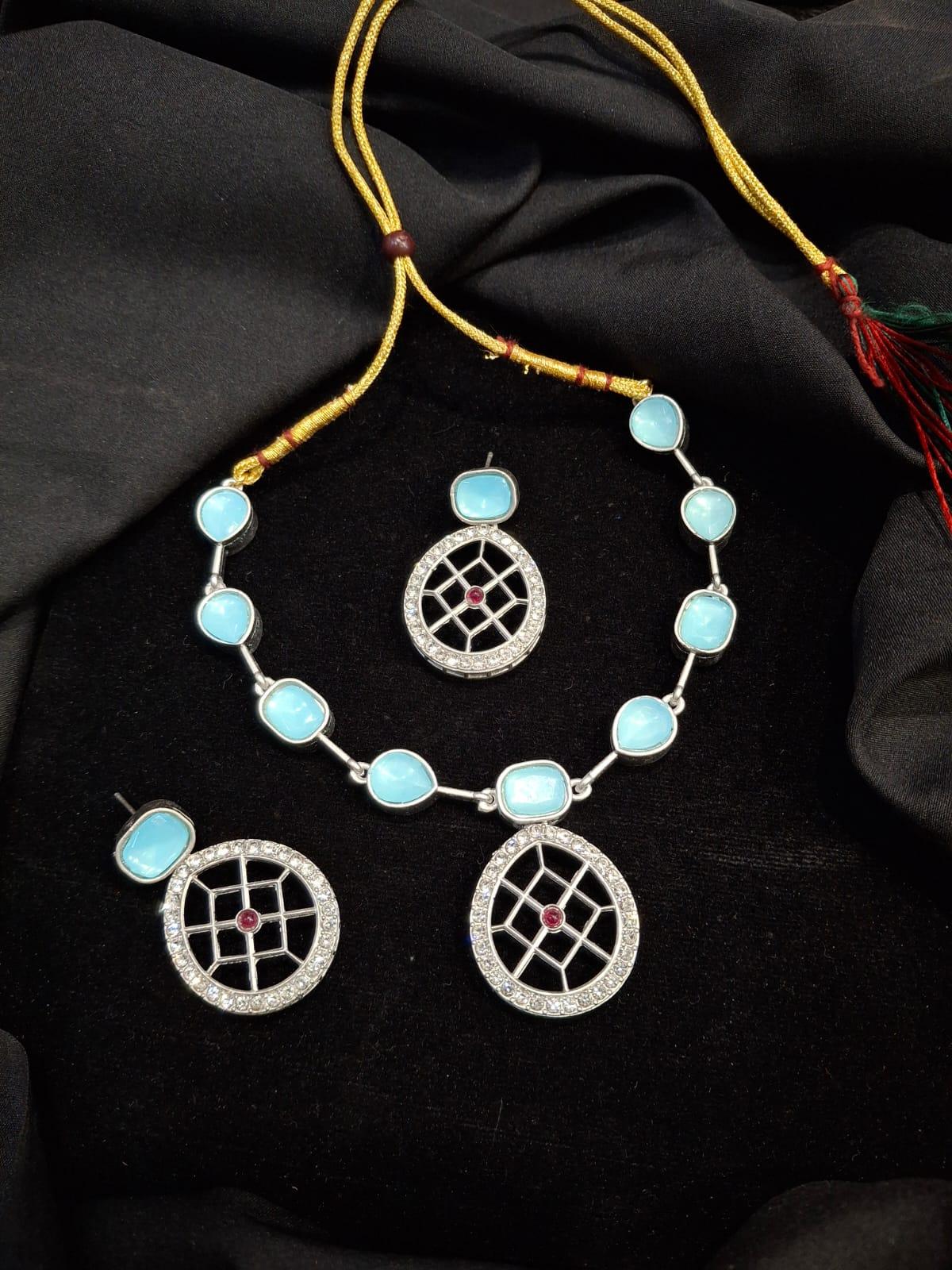 Rajwadi Style Matte Silver Plated Ocean Blue Stone Studded Jewellery Set - ASMITTA Jewellery