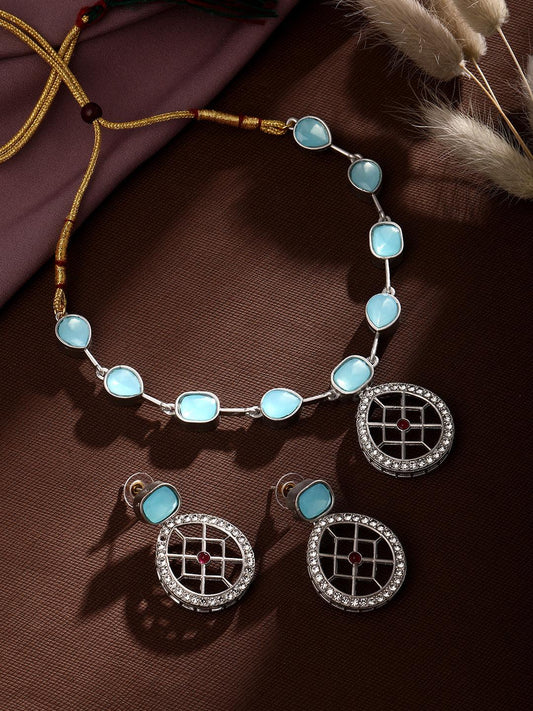 Rajwadi Style Matte Silver Plated Ocean Blue Stone Studded Jewellery Set - ASMITTA Jewellery
