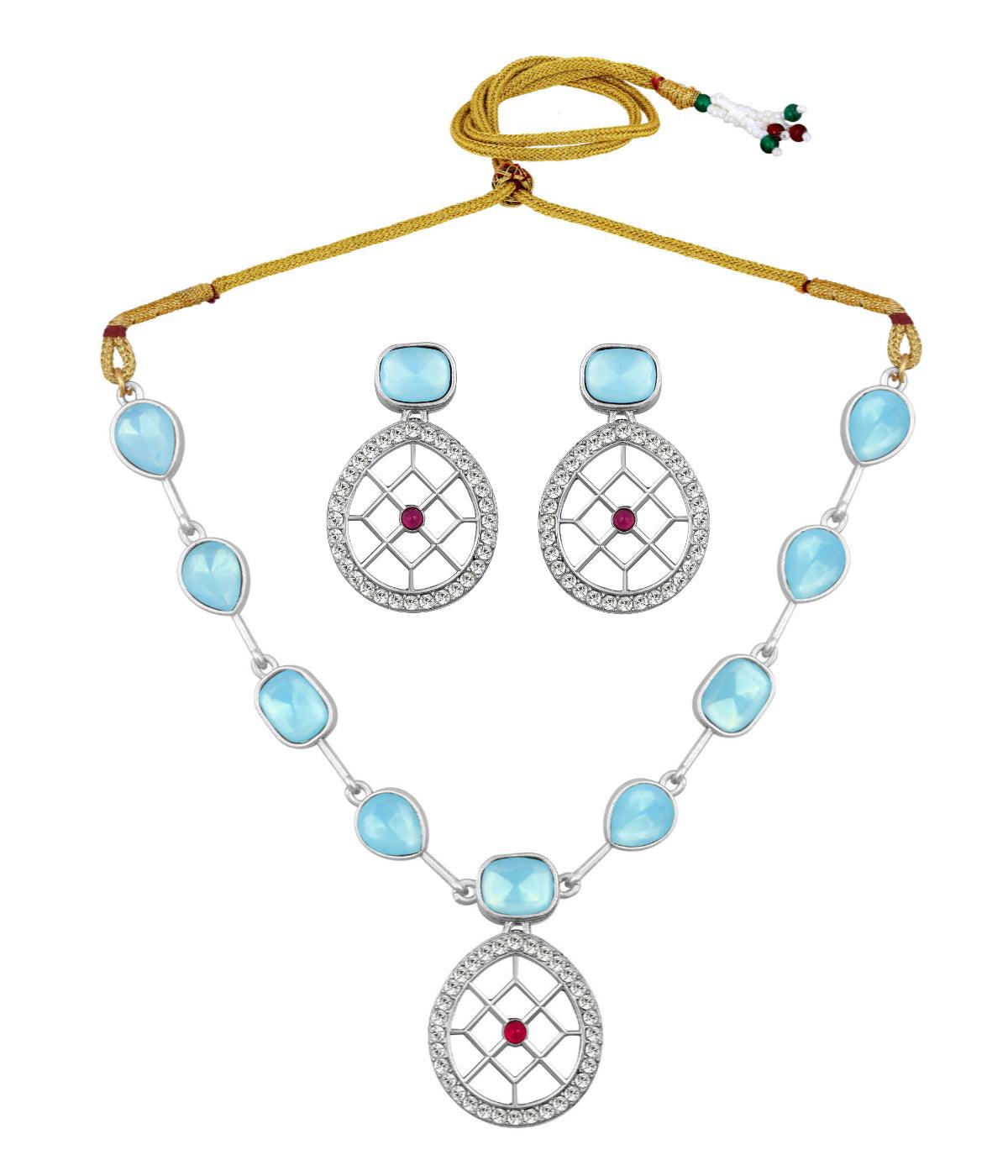 Rajwadi Style Matte Silver Plated Ocean Blue Stone Studded Jewellery Set - ASMITTA Jewellery