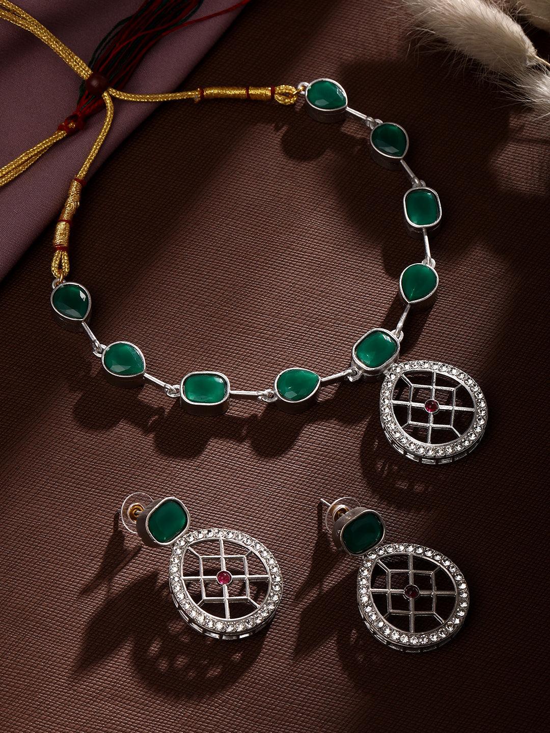 Rajwadi Style Matte Silver Plated Green Stone Studded Jewellery Set - ASMITTA Jewellery