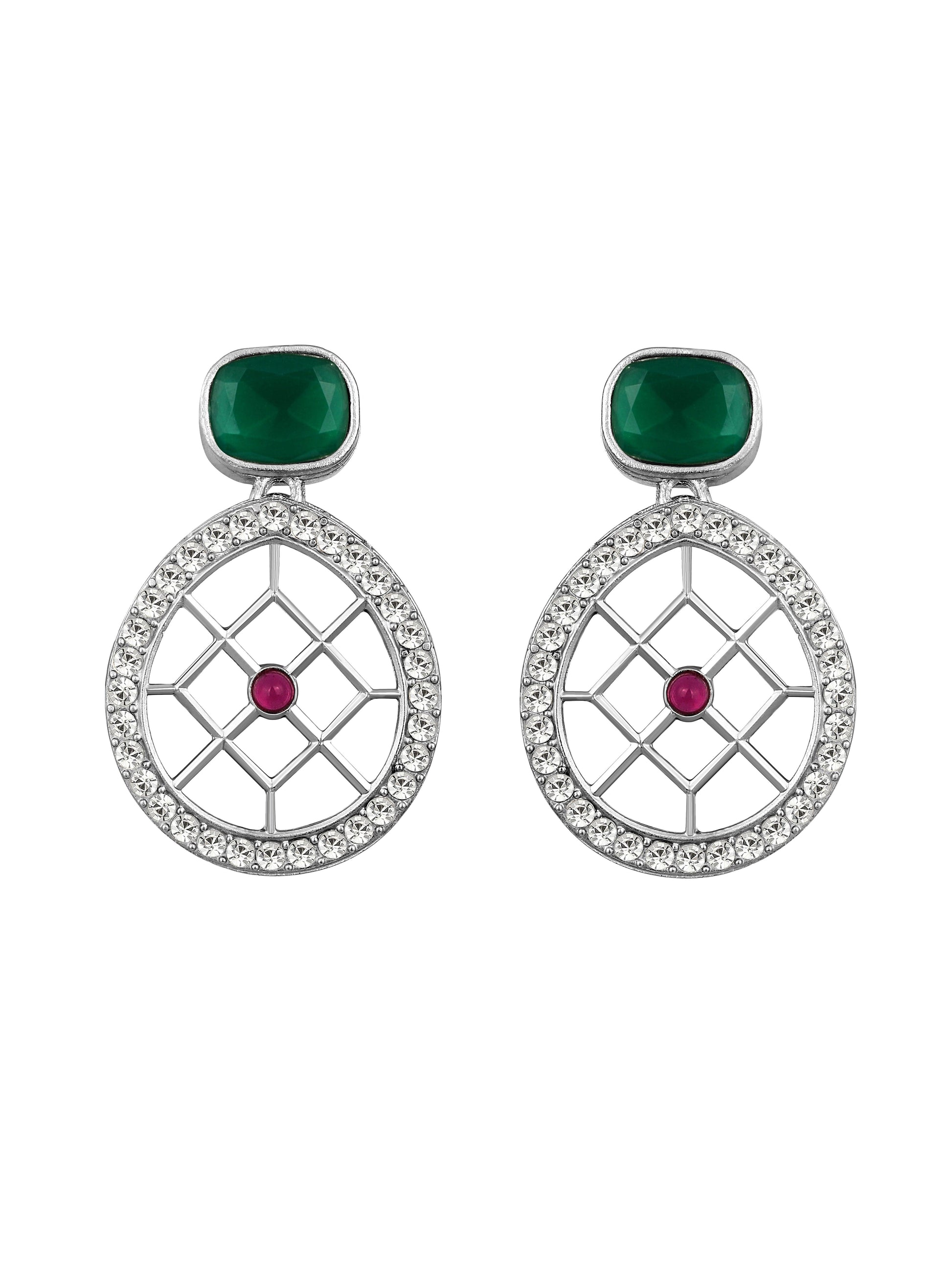 Rajwadi Style Matte Silver Plated Green Stone Studded Jewellery Set - ASMITTA Jewellery
