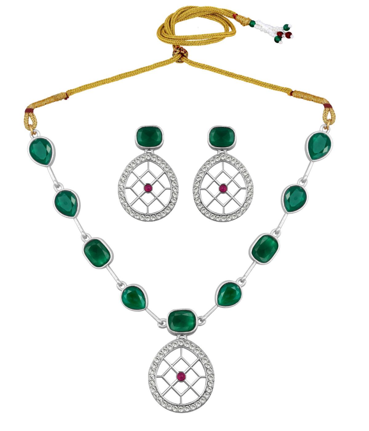Rajwadi Style Matte Silver Plated Green Stone Studded Jewellery Set - ASMITTA Jewellery