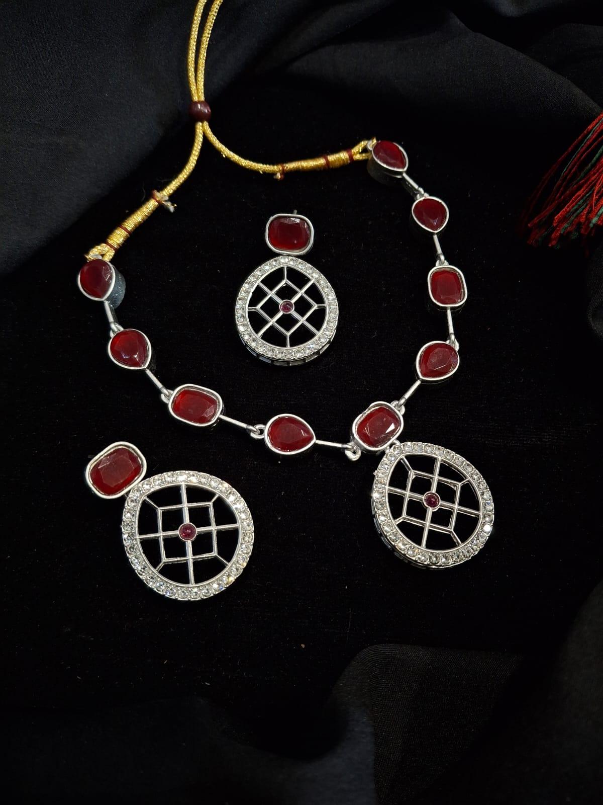 Rajwadi Style Matte Silver Plated Ruby Red Stone Studded Jewellery Set - ASMITTA Jewellery