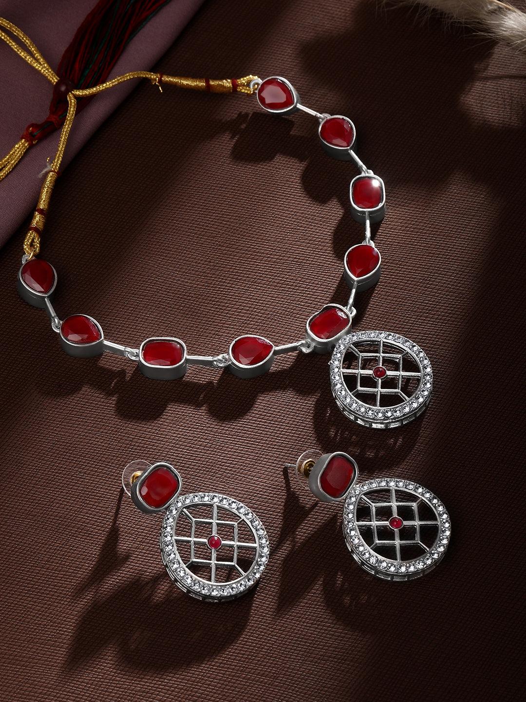 Rajwadi Style Matte Silver Plated Ruby Red Stone Studded Jewellery Set - ASMITTA Jewellery