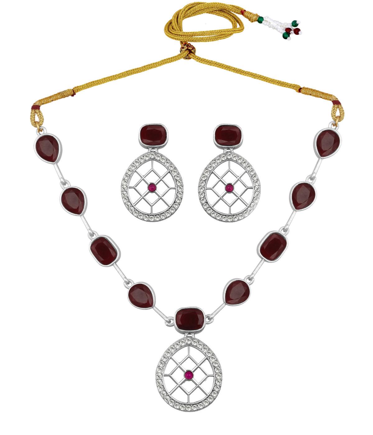 Rajwadi Style Matte Silver Plated Ruby Red Stone Studded Jewellery Set - ASMITTA Jewellery
