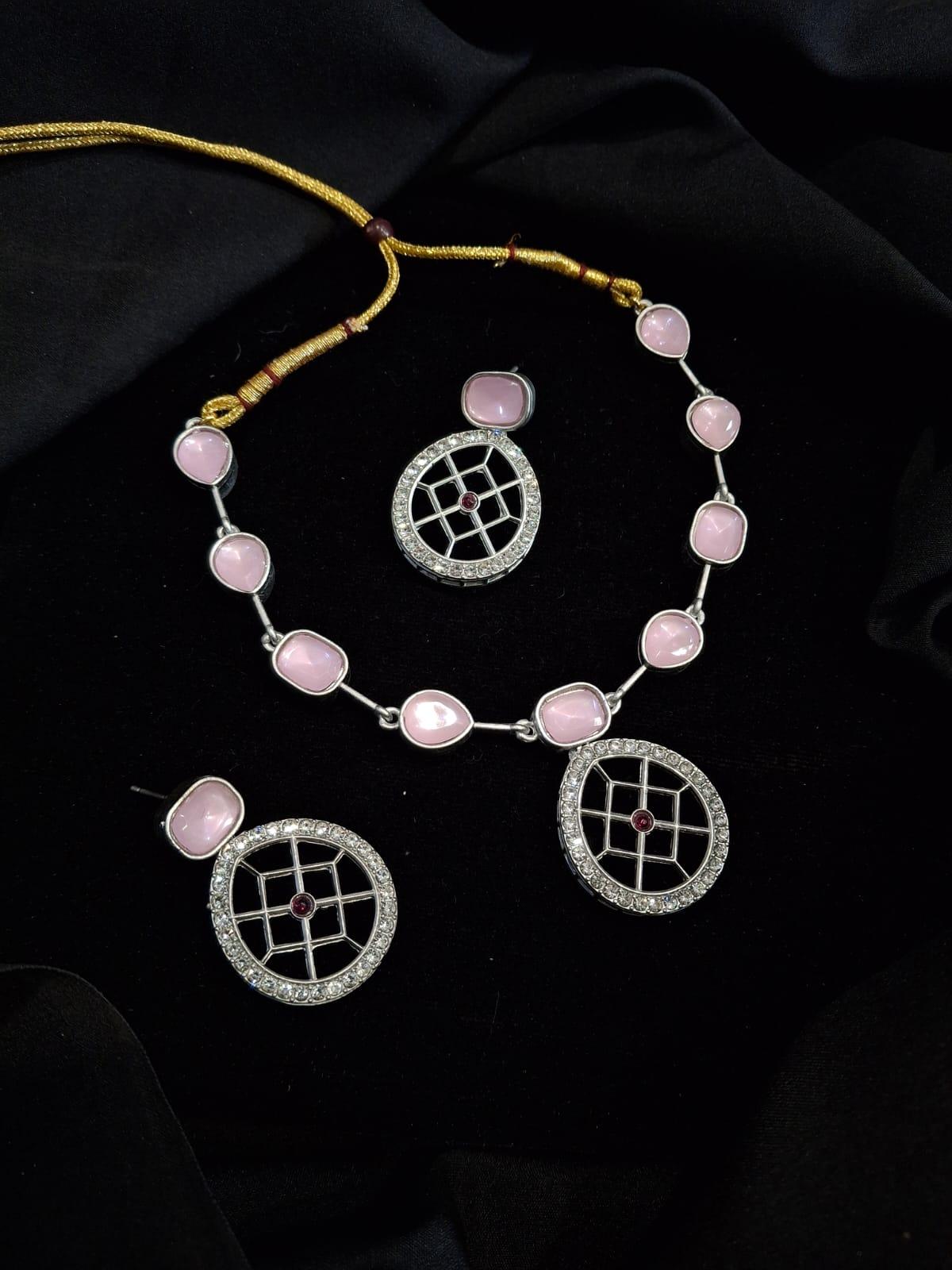 Rajwadi Silver Plated Baby Pink Stone Studded Jewellery Set - ASMITTA Jewellery