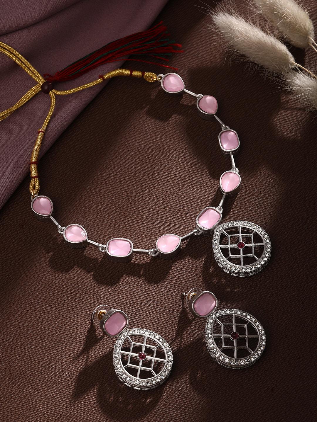 Rajwadi Silver Plated Baby Pink Stone Studded Jewellery Set - ASMITTA Jewellery