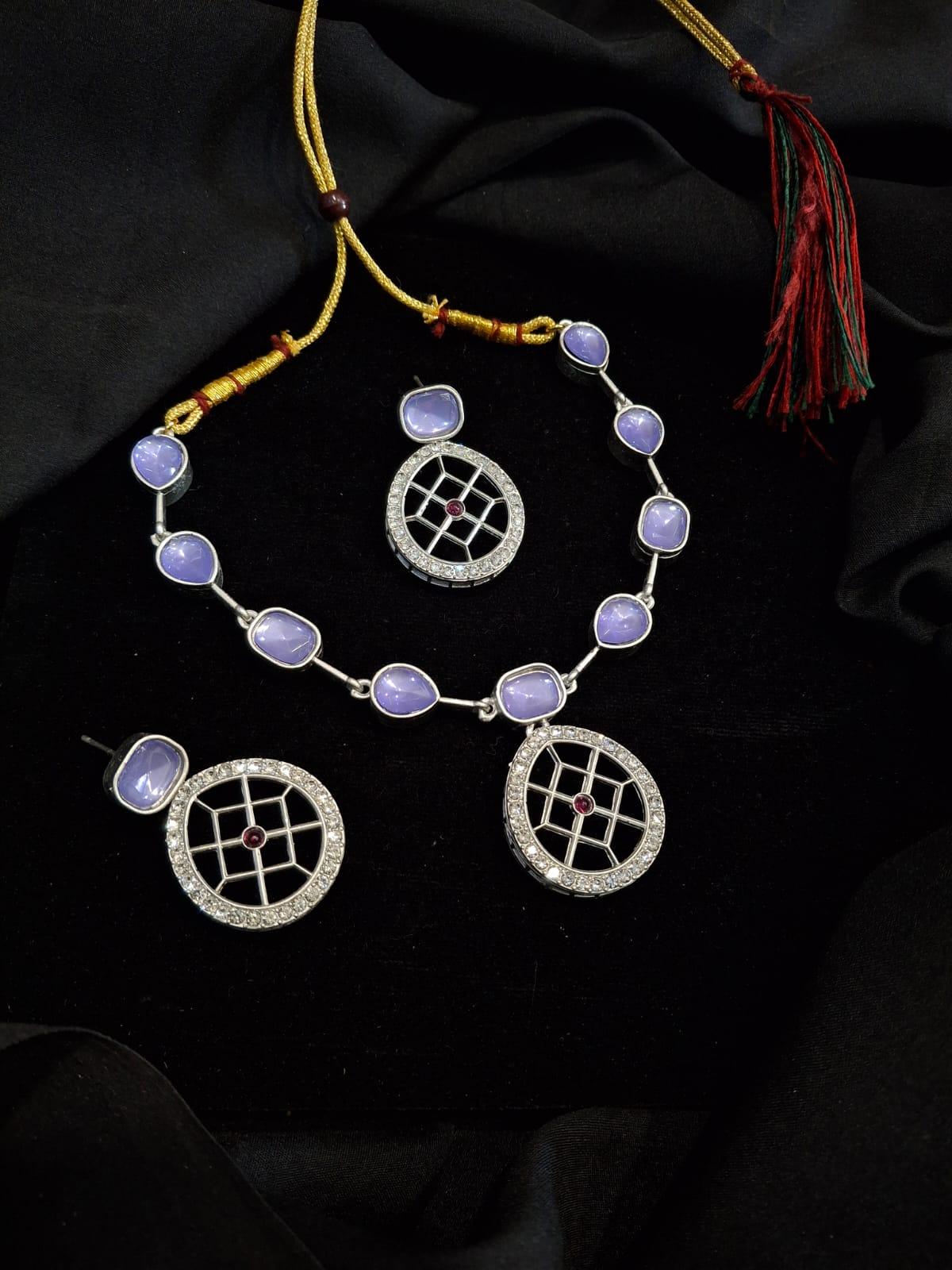 Rajwadi Style Matte Silver Plated Purple Stone Studded Jewellery Set - ASMITTA Jewellery