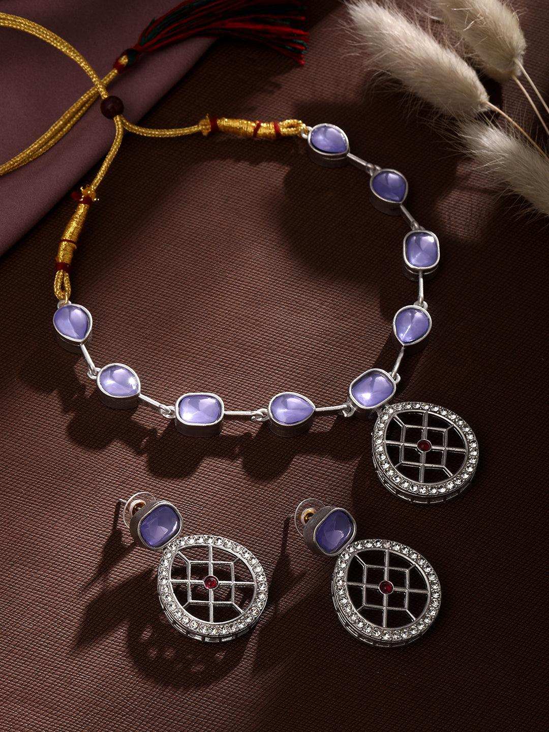 Rajwadi Style Matte Silver Plated Purple Stone Studded Jewellery Set - ASMITTA Jewellery