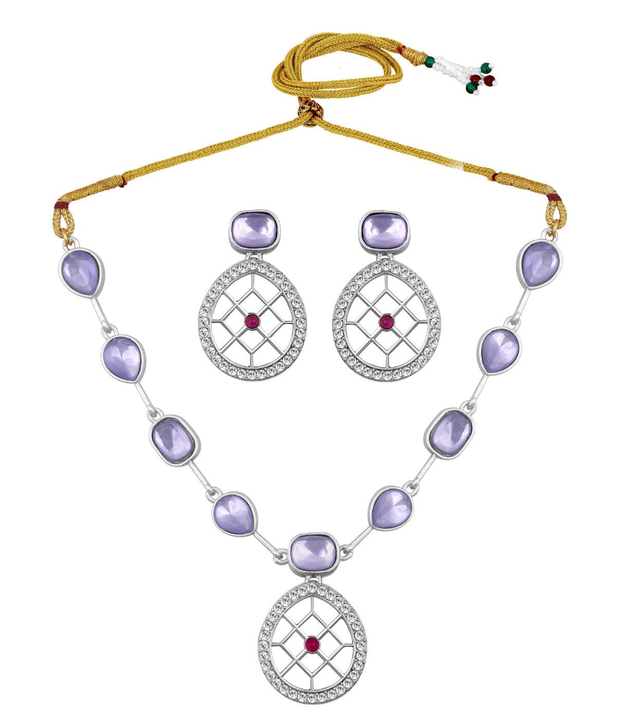 Rajwadi Style Matte Silver Plated Purple Stone Studded Jewellery Set - ASMITTA Jewellery