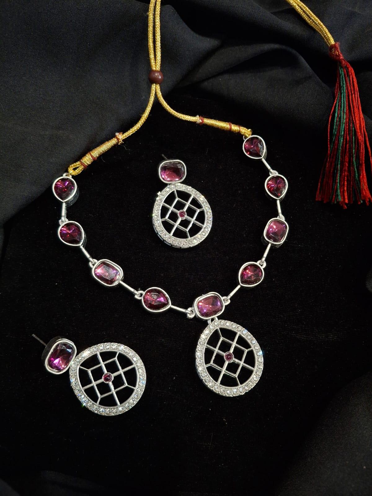 Rajwadi Style Matte Silver Plated Maroon Stone Studded Jewellery Set - ASMITTA Jewellery