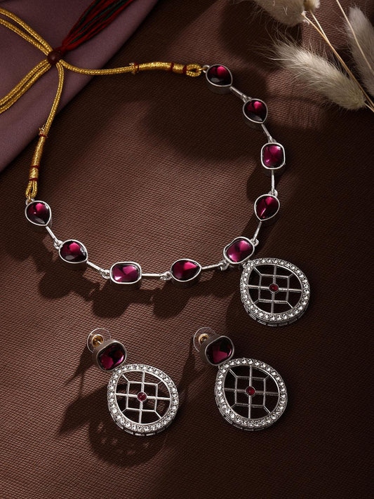 Rajwadi Style Matte Silver Plated Maroon Stone Studded Jewellery Set - ASMITTA Jewellery