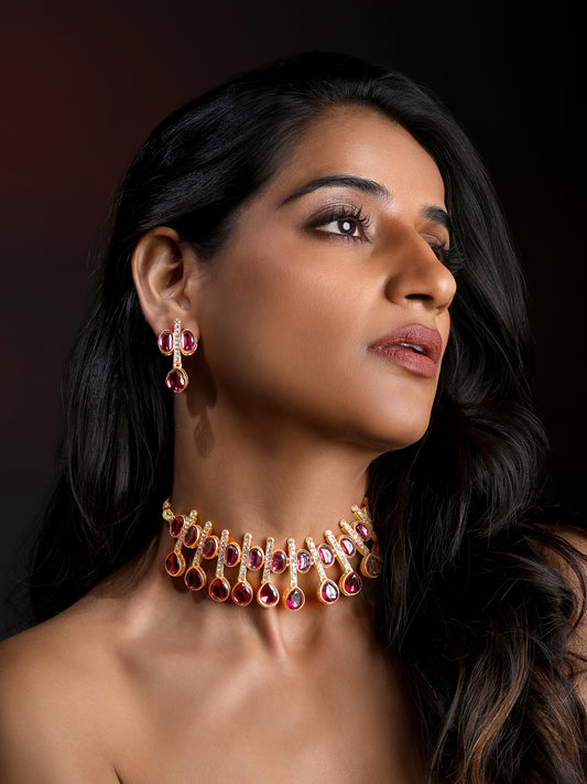 Maroon Choker Set with Gold Plating and Matching Earrings – Asmitta Jewellery for Women