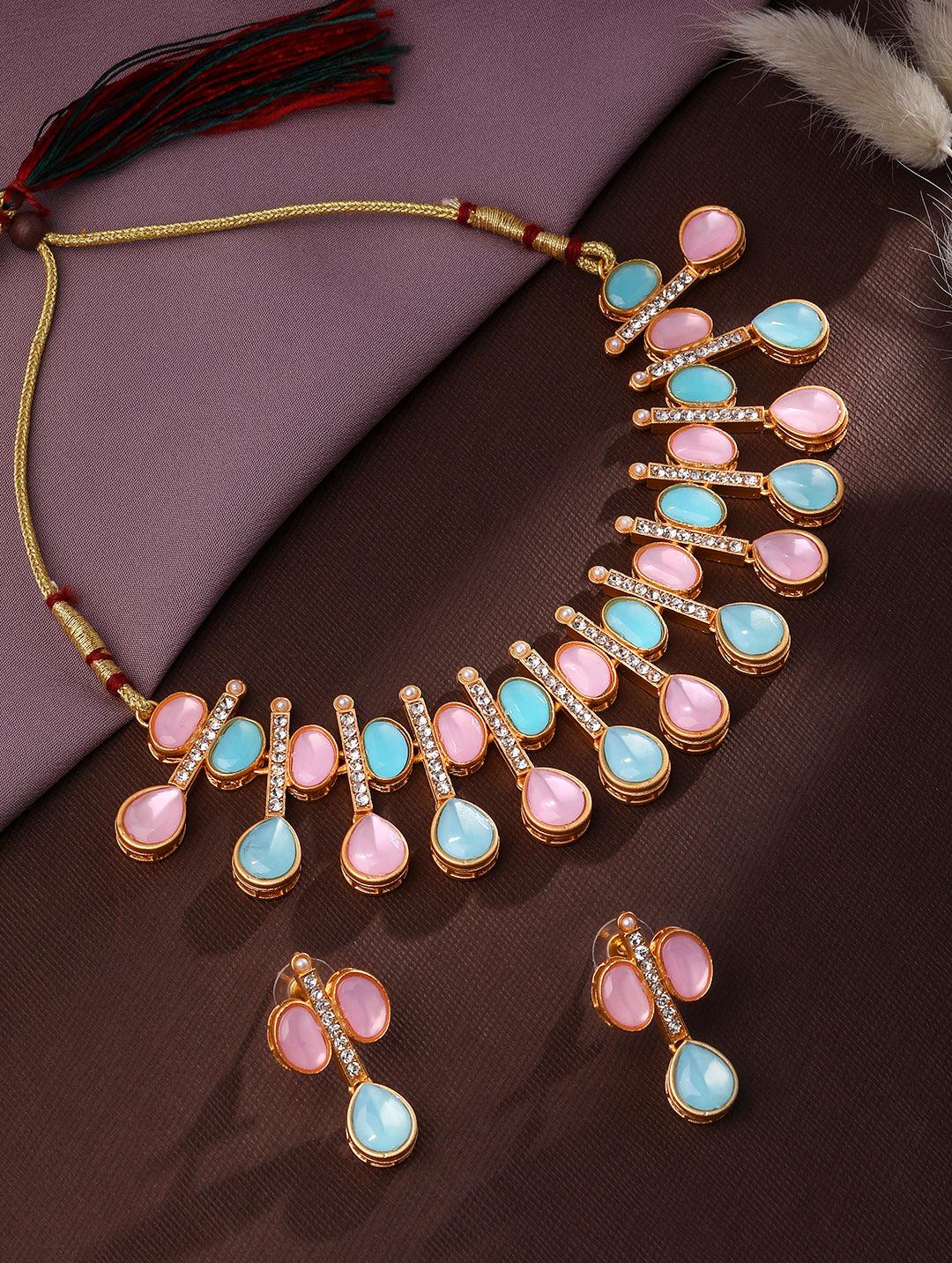 Rajwadi Style Baby Pink And Blue Stone Studded Set - ASMITTA Jewellery