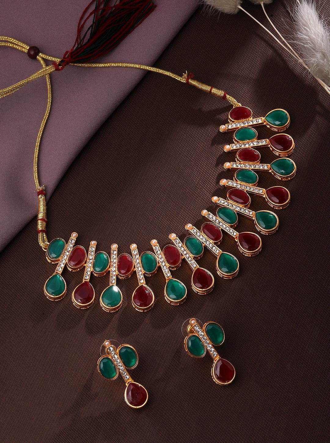 Rajwadi Style Matte Gold Plated Marron And Green Stone Studded Jewellery Set - ASMITTA Jewellery