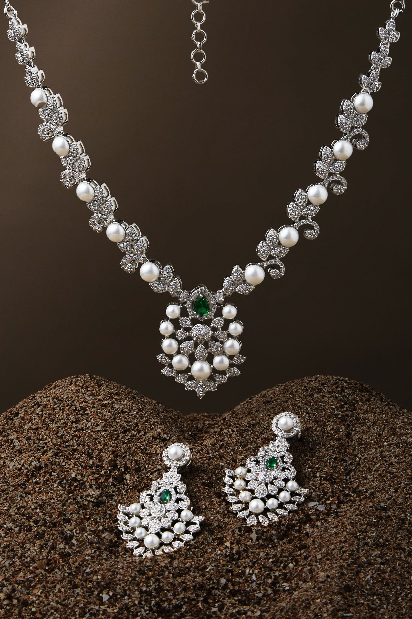 Rhodium-Plated Cubic Zirconia & Pearls Studded Jewellery Set