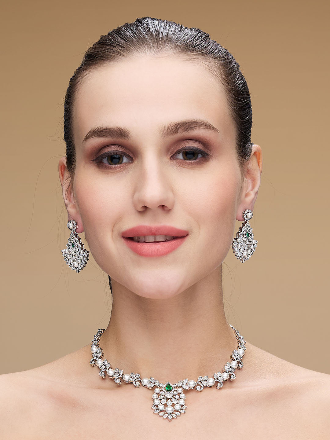 Rhodium-Plated Cubic Zirconia & Pearls Studded Jewellery Set