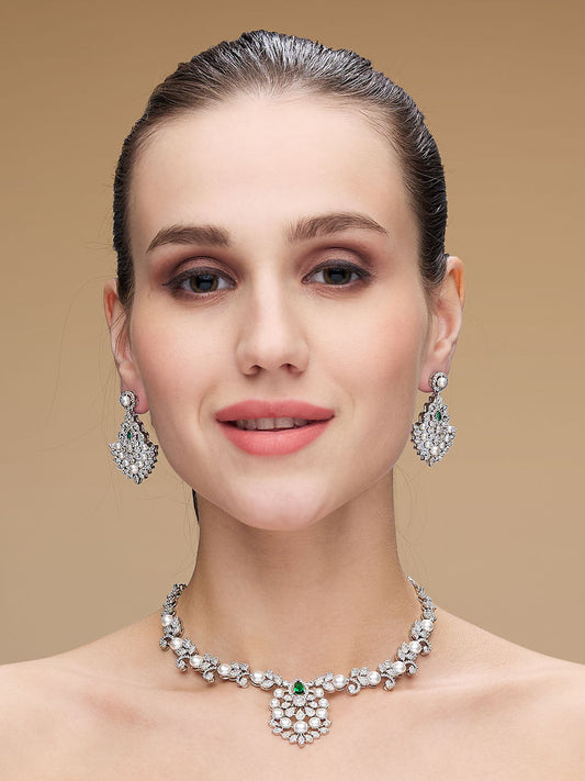 Rhodium-Plated Cubic Zirconia & Pearls Studded Jewellery Set