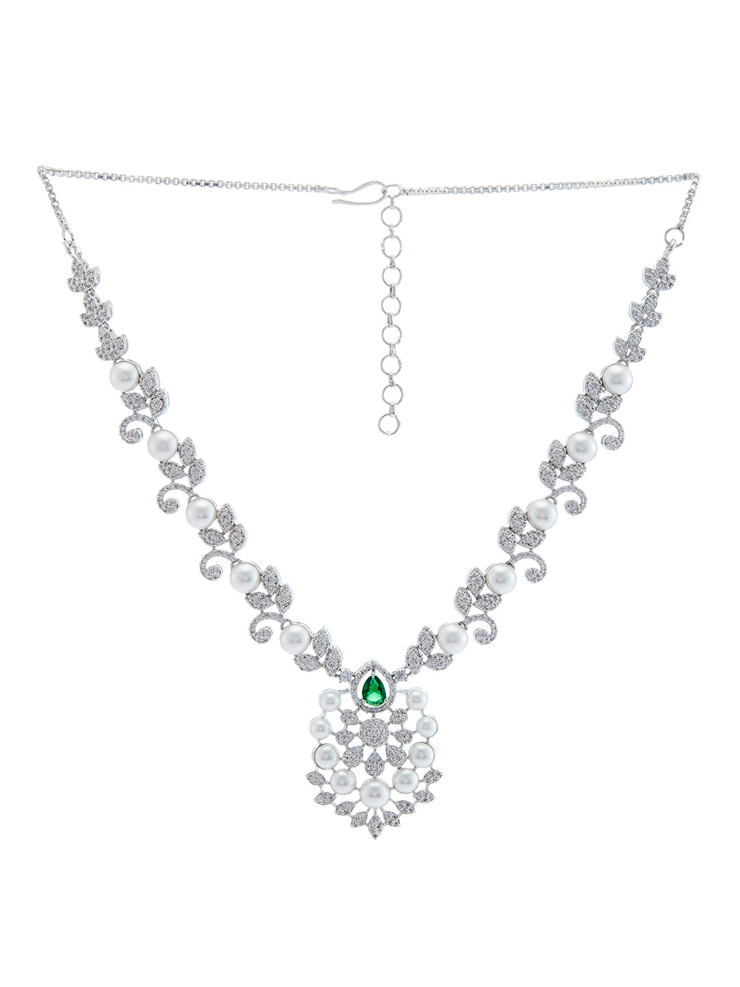 Rhodium-Plated Cubic Zirconia & Pearls Studded Jewellery Set
