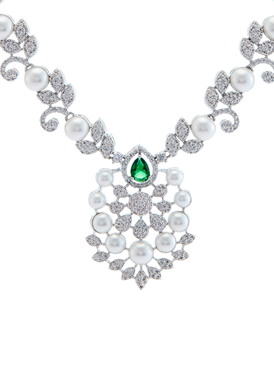 Rhodium-Plated Cubic Zirconia & Pearls Studded Jewellery Set