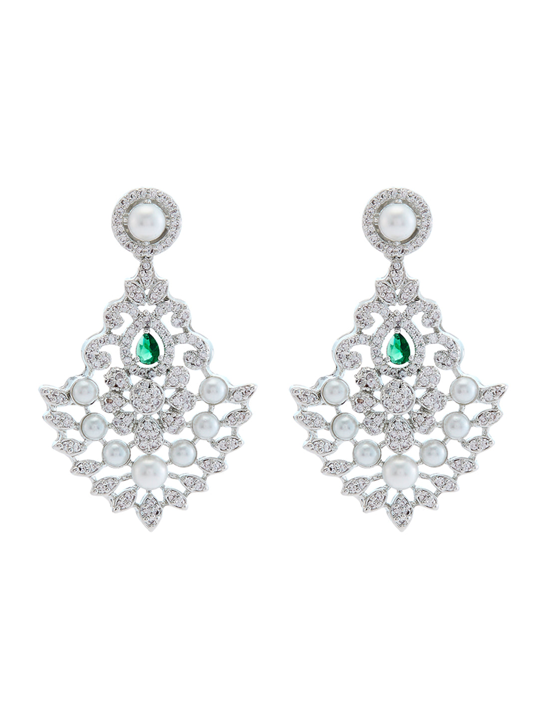 Rhodium-Plated Cubic Zirconia & Pearls Studded Jewellery Set