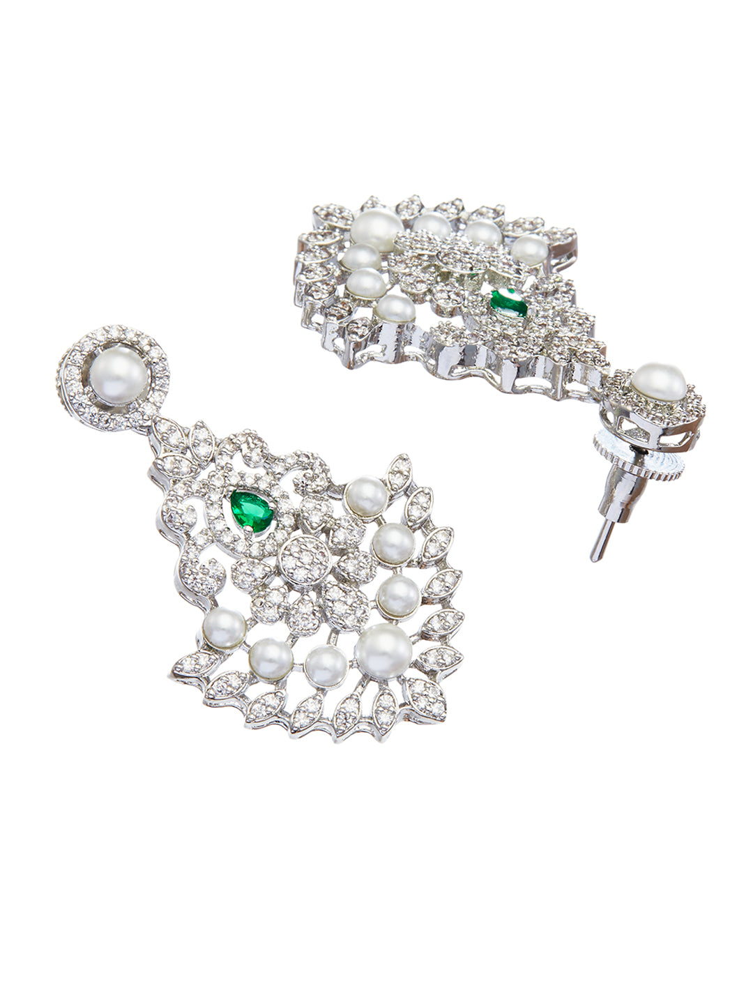 Rhodium-Plated Cubic Zirconia & Pearls Studded Jewellery Set