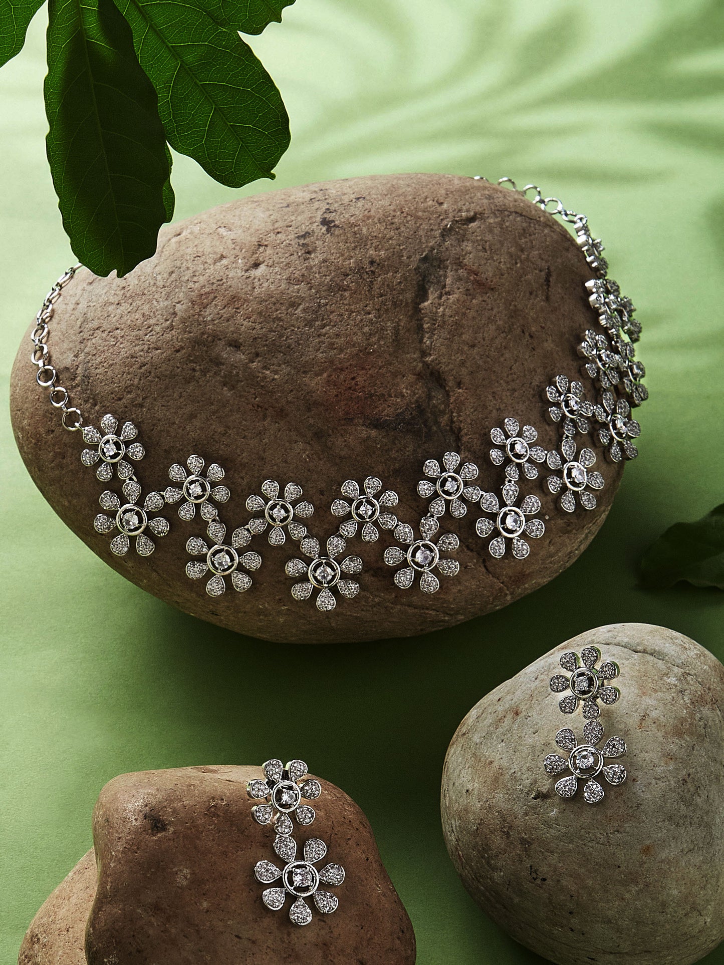 Rhodium-Plated Cubic Zirconia Studded Floral Jewellery Set