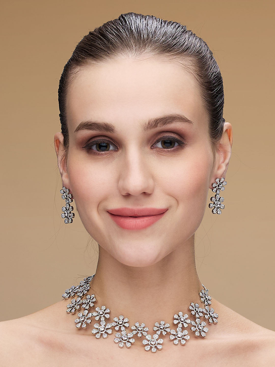 Rhodium-Plated Cubic Zirconia Studded Floral Jewellery Set
