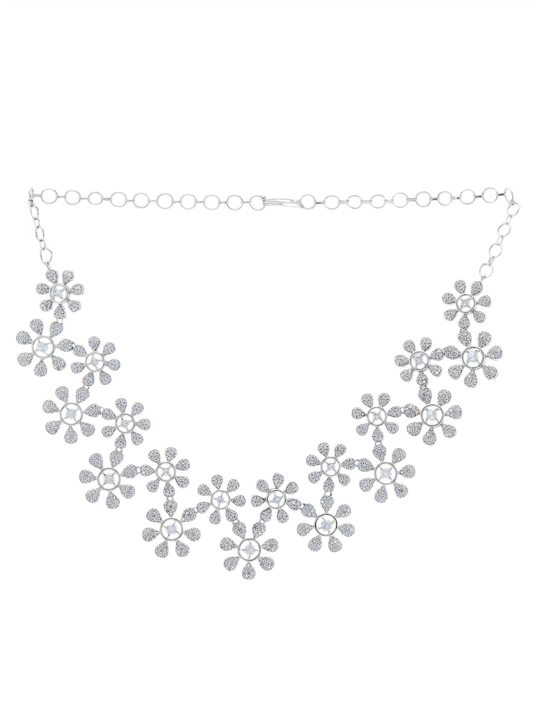 Rhodium-Plated Cubic Zirconia Studded Floral Jewellery Set