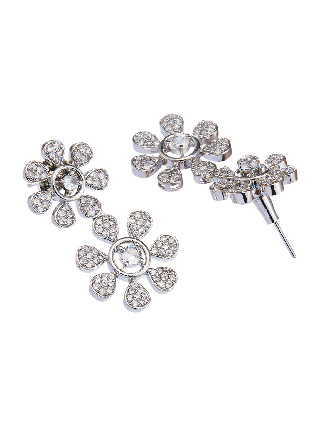Rhodium-Plated Cubic Zirconia Studded Floral Jewellery Set