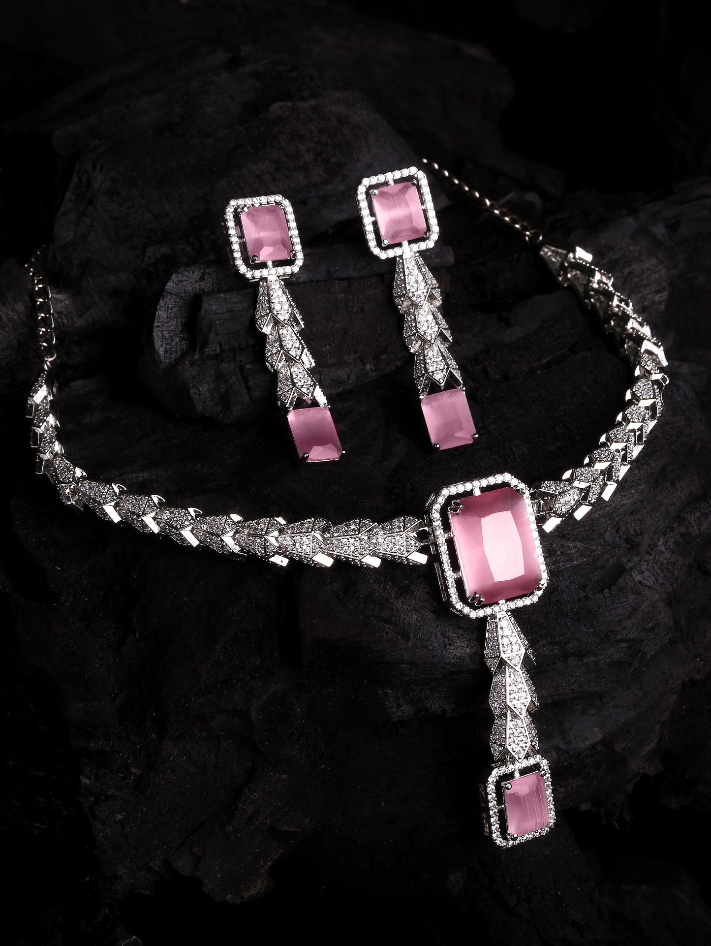 Rhodium-Plated Cubic Zirconia-Studded Statement Choker Jewellery Set