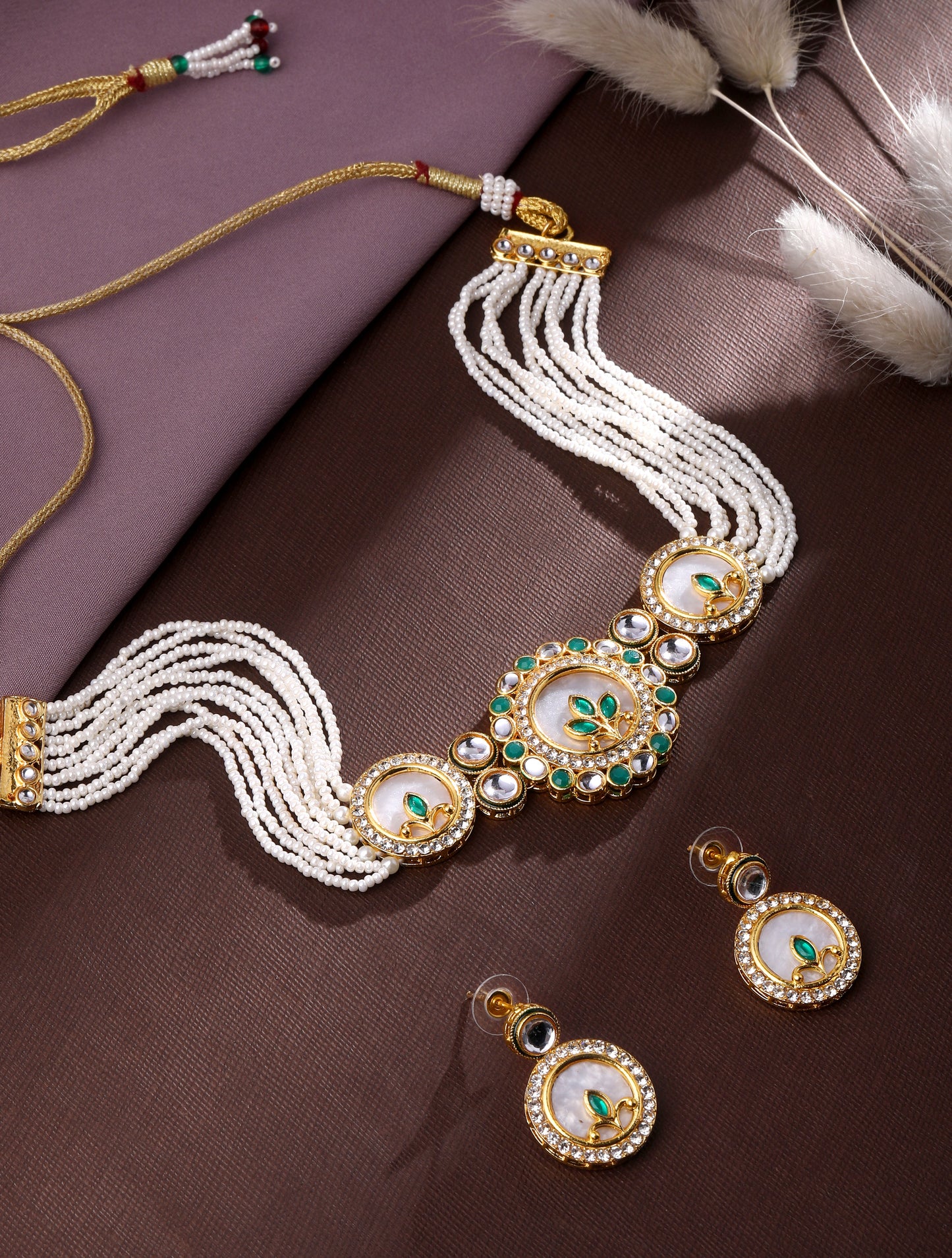 22K Gold-Plated Kundan Studded & Beaded Contemporary Jewellery Set
