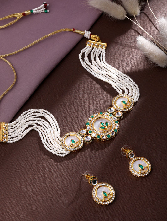 22K Gold-Plated Kundan Studded & Beaded Contemporary Jewellery Set