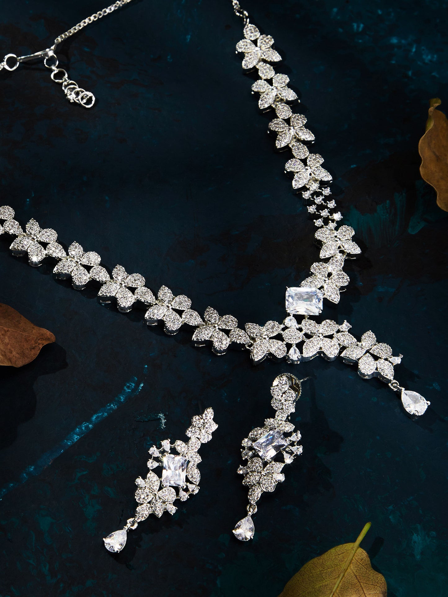 Rhodium-Plated Cubic Zirconia-Studded Statement Jewellery Set