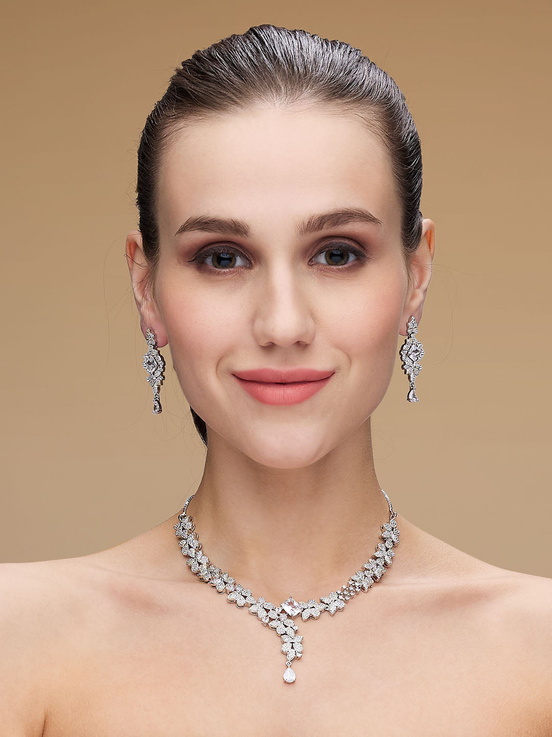 Rhodium-Plated Cubic Zirconia-Studded Statement Jewellery Set